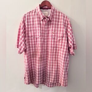 Simms Men's Big Sky Burgundy Checkered Button Down Shirt XL Pearl Snap Fishing